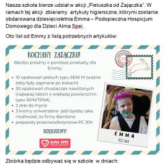 „Pieluszka od Zajączka” w Szkole Podstawowej w Bilczycach. Ruszyła akcja na rzecz małej Emmy, podopiecznej domowego hospicjum